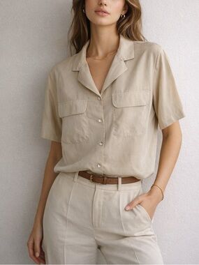 Silk House 100% Silk Beige Button Front Blouse Safari Shirt Size L Vintage
